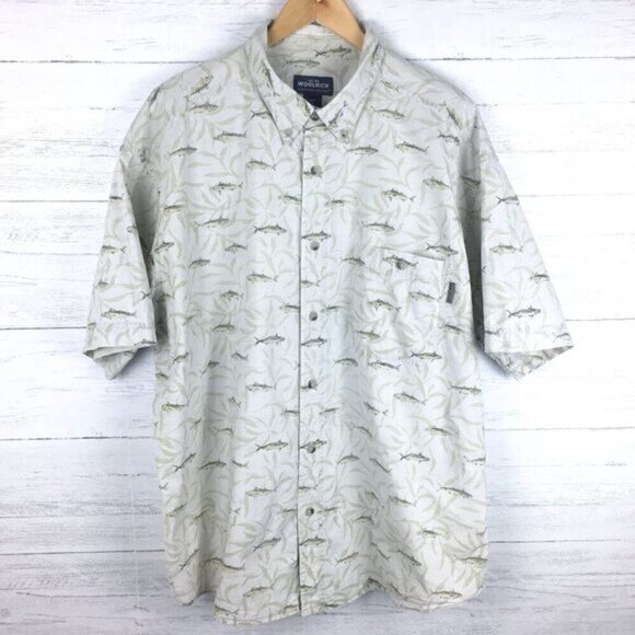 Woolrich Men's Camp Shirt Tan Fish Print Button Front Short Sleeves Casual XL - Picture 9 of 9
